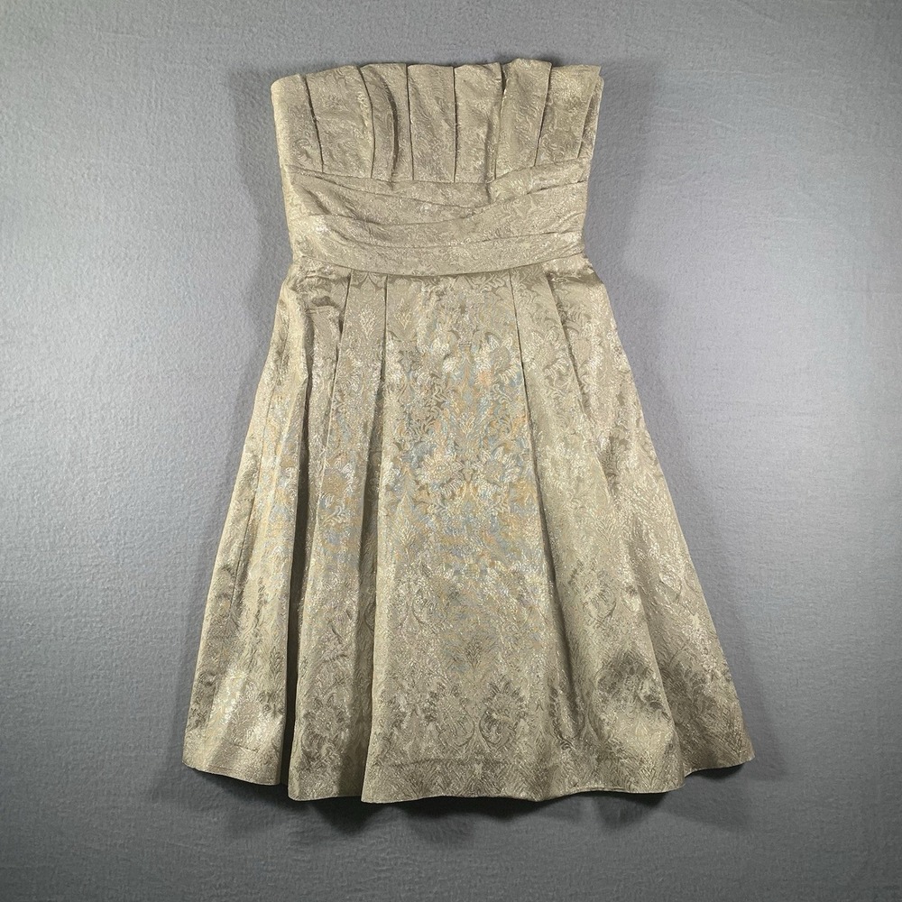 Priscilla Of Boston, Gold Metallic Strapless Formal Back Zip Mini Dress Size 6